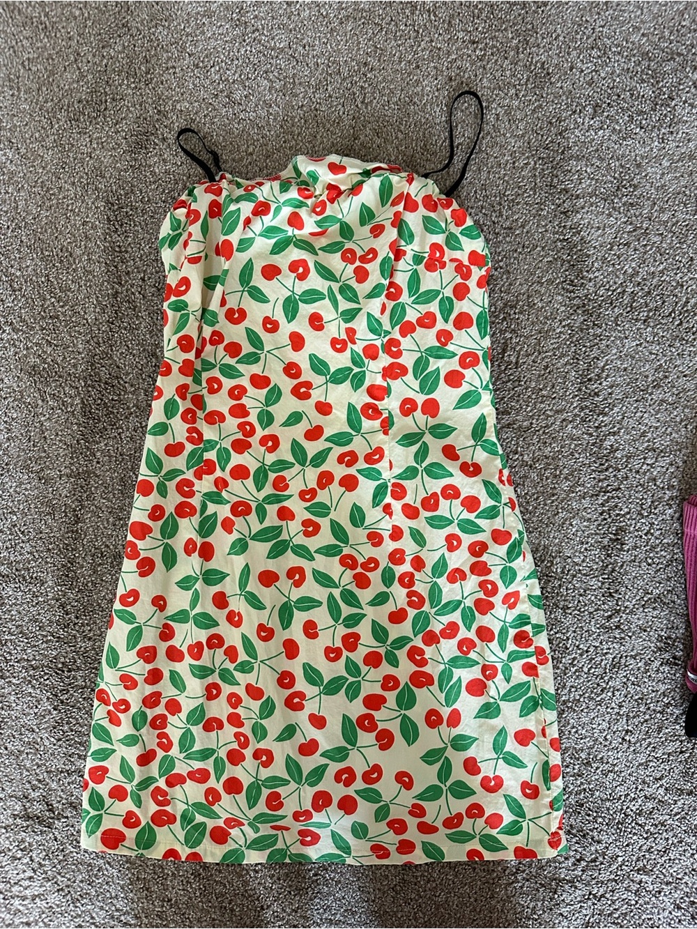 Cider Cream Strapless Mini Dress with Red Cherry and Green Leaf Print